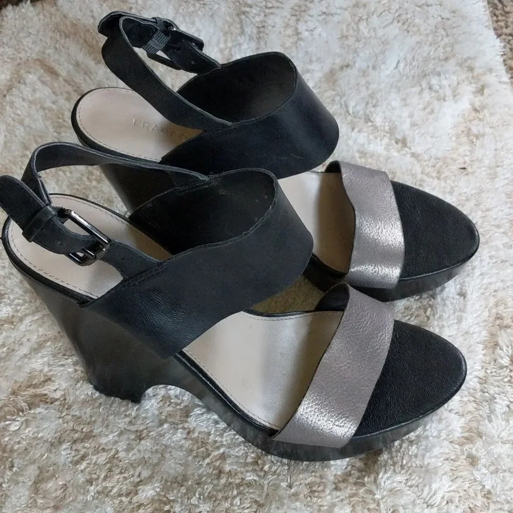 Franco Sarto Silver and Black Leather Platform Sandals